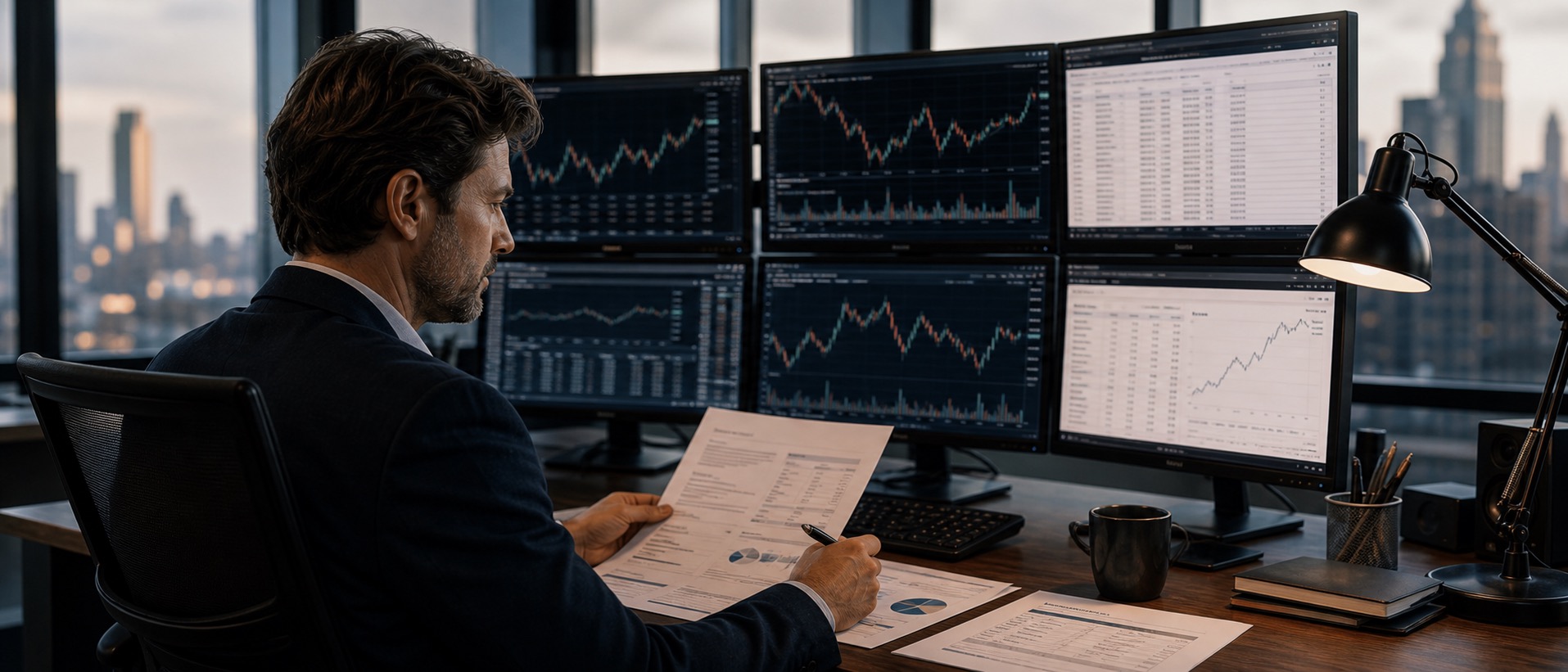 Investor reviewing curated stock research reports on a trading workstation